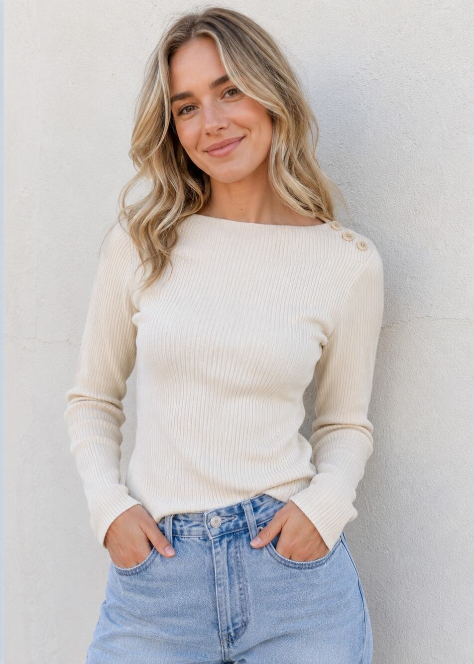 Madewell SZ M Boatneck Button Long-Sleeve Top Antique Cream NWT Super Soft $62
